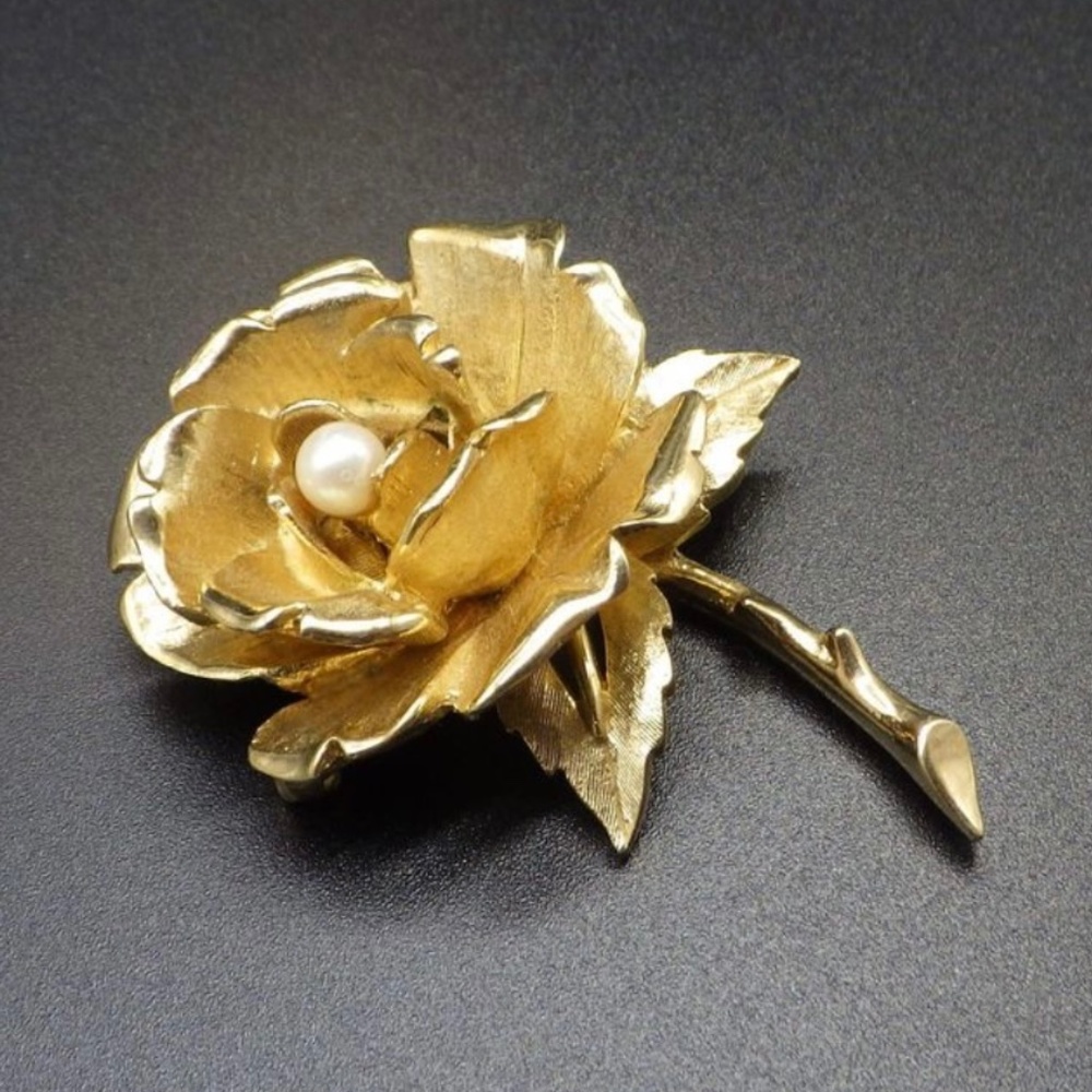 Marcel Boucher Signed & Numbered, Cultured Pearl on Gold Rose brooch.